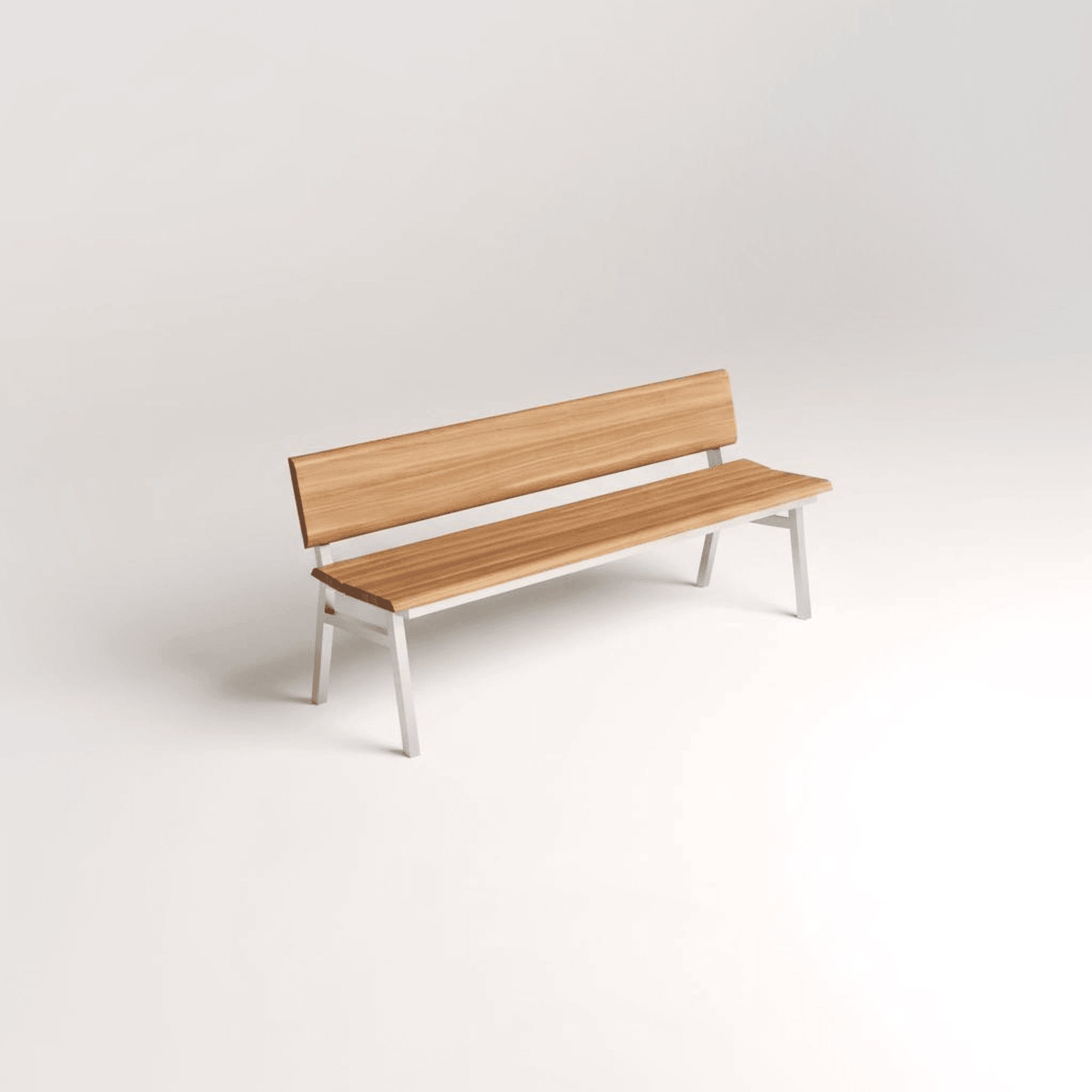 Le banc Rivage, assise et dossier en bois sur piètement métal blanc, en finition bois clair