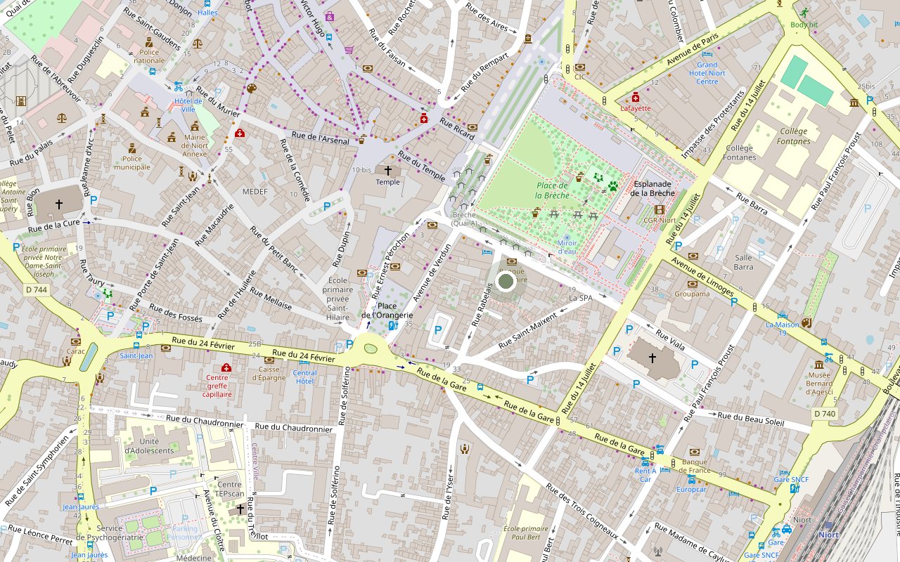 Map of Niort showing Neorite at 12 avenue Jacques Bujault, near place de la Brèche