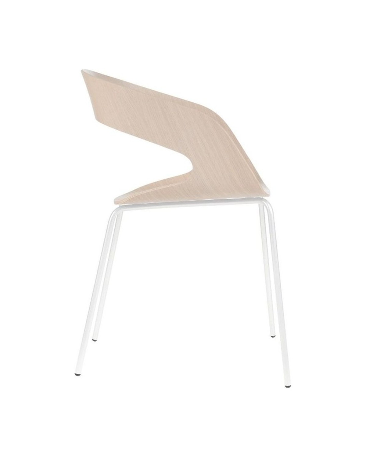 La chaise Chat de profil, coque galbée en bois moulé clair sur piètement métallique blanc