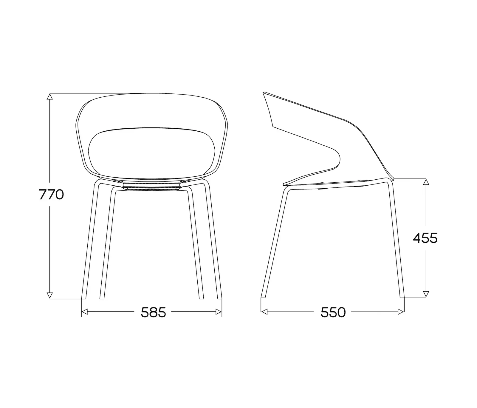 Plan coté de la chaise Chat : hauteur 770 mm, largeur 585 mm, profondeur 550 mm, hauteur d'assise 455 mm