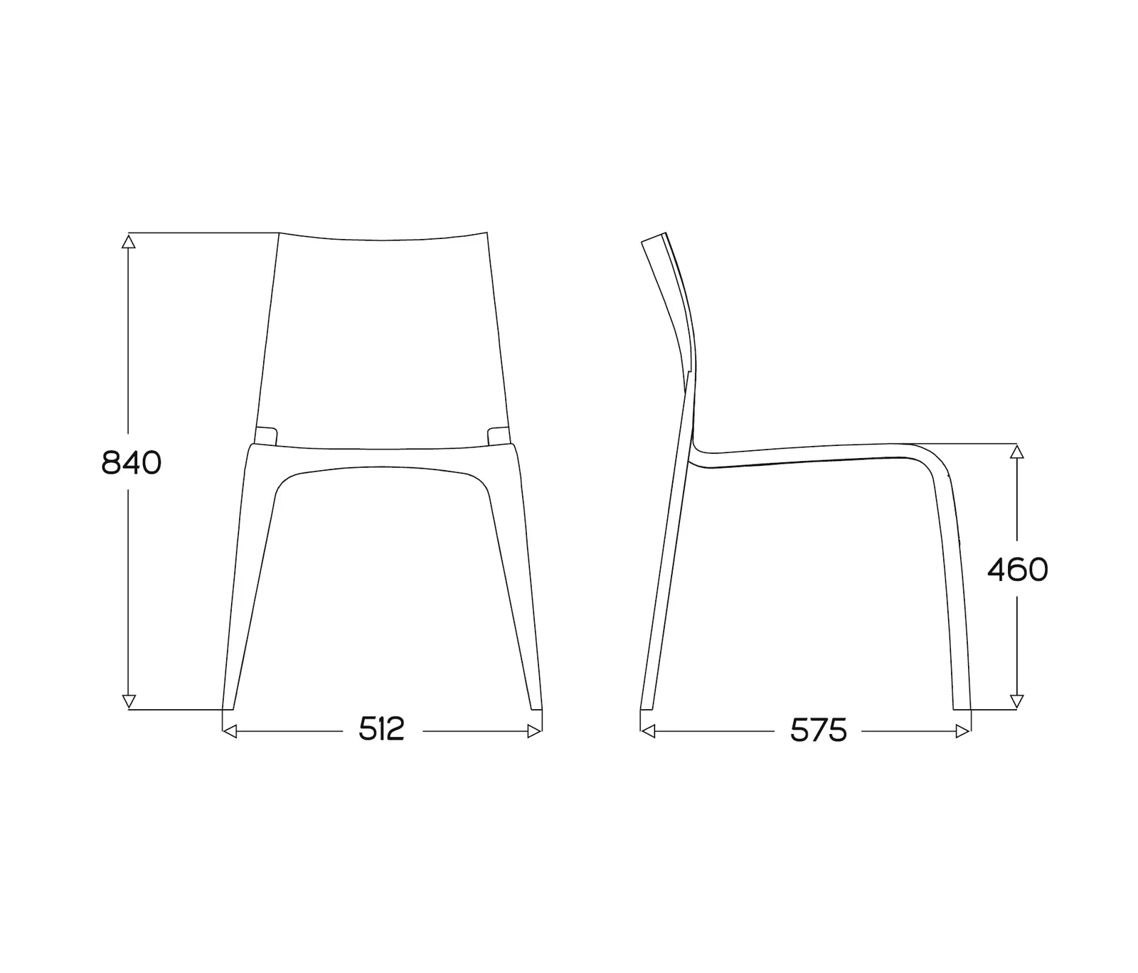 Plan coté de la chaise Flow : hauteur 840 mm, largeur 512 mm, profondeur 575 mm, hauteur d'assise 460 mm