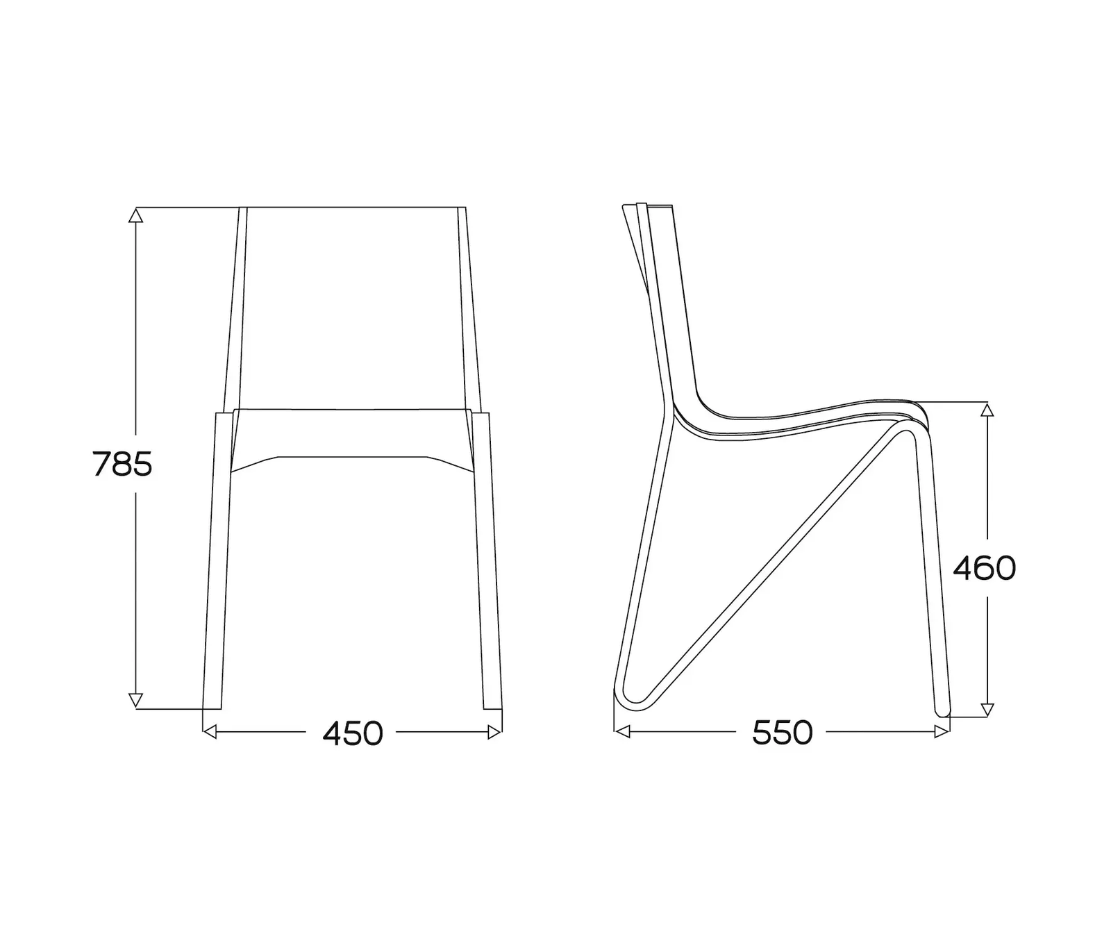 Plan coté de la chaise Zesty : hauteur 785 mm, largeur 450 mm, profondeur 550 mm, hauteur d'assise 460 mm