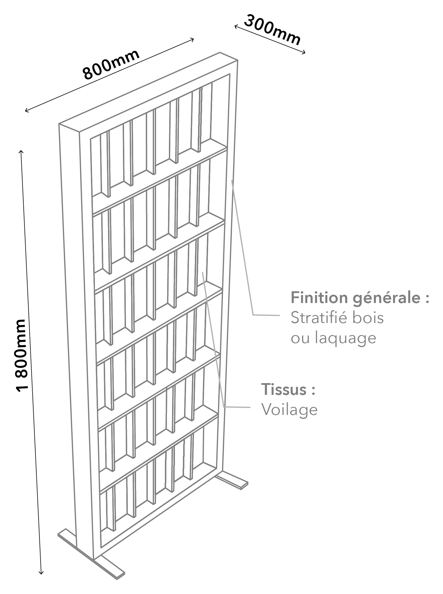 Plan technique du brise-vue Lueur : largeur 800 mm, profondeur 300 mm, hauteur 1 800 mm, six niveaux d'alcôves