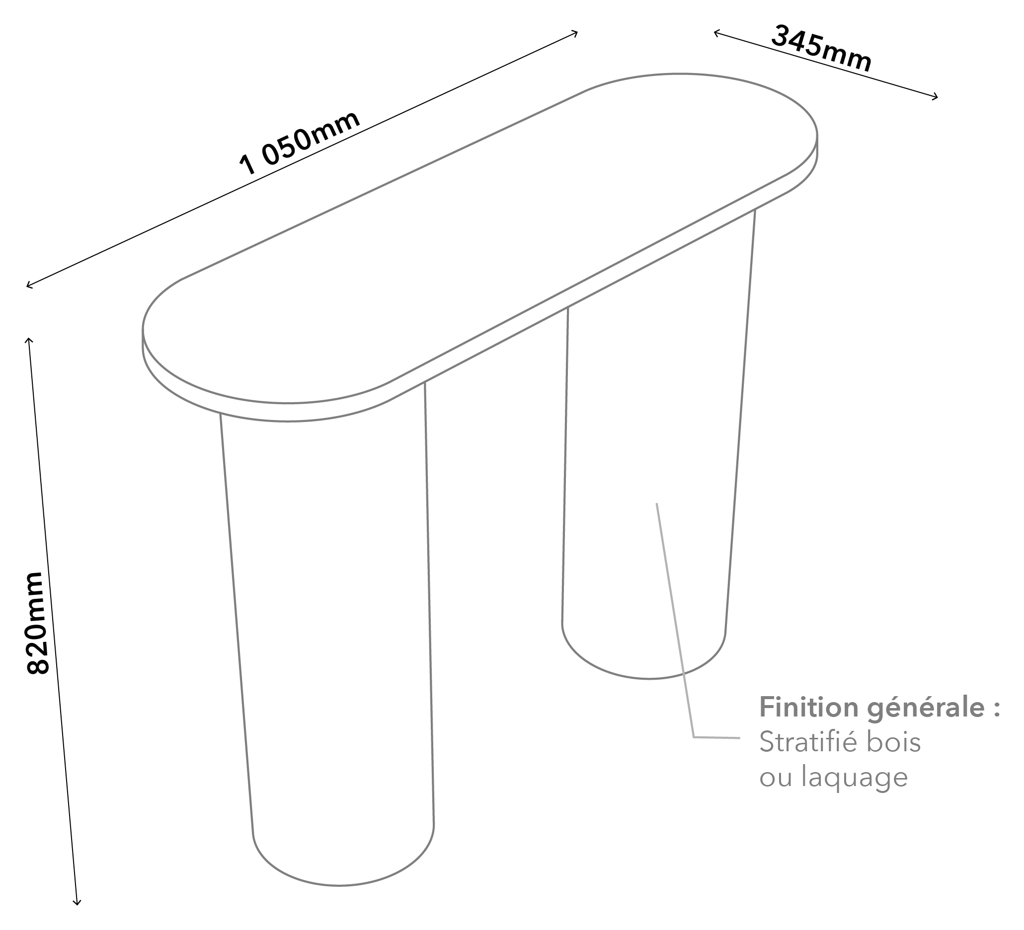 Plan technique de la console Racine : plateau 1 050 × 345 mm, hauteur 820 mm
