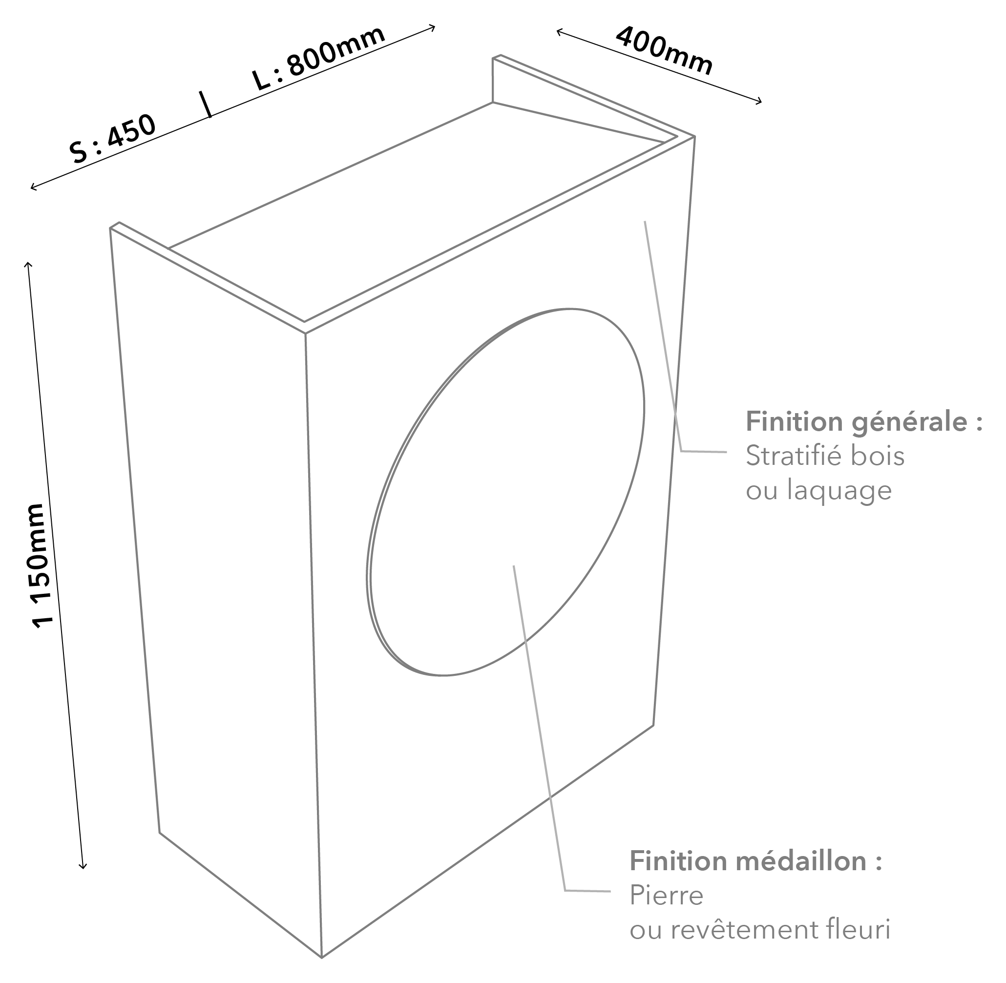 Plan technique du pupitre Bêma : plateau L 800 mm, socle S 450 mm, profondeur 400 mm, hauteur 1 150 mm. Finition générale stratifié bois ou laquage, médaillon en pierre ou revêtement fleuri
