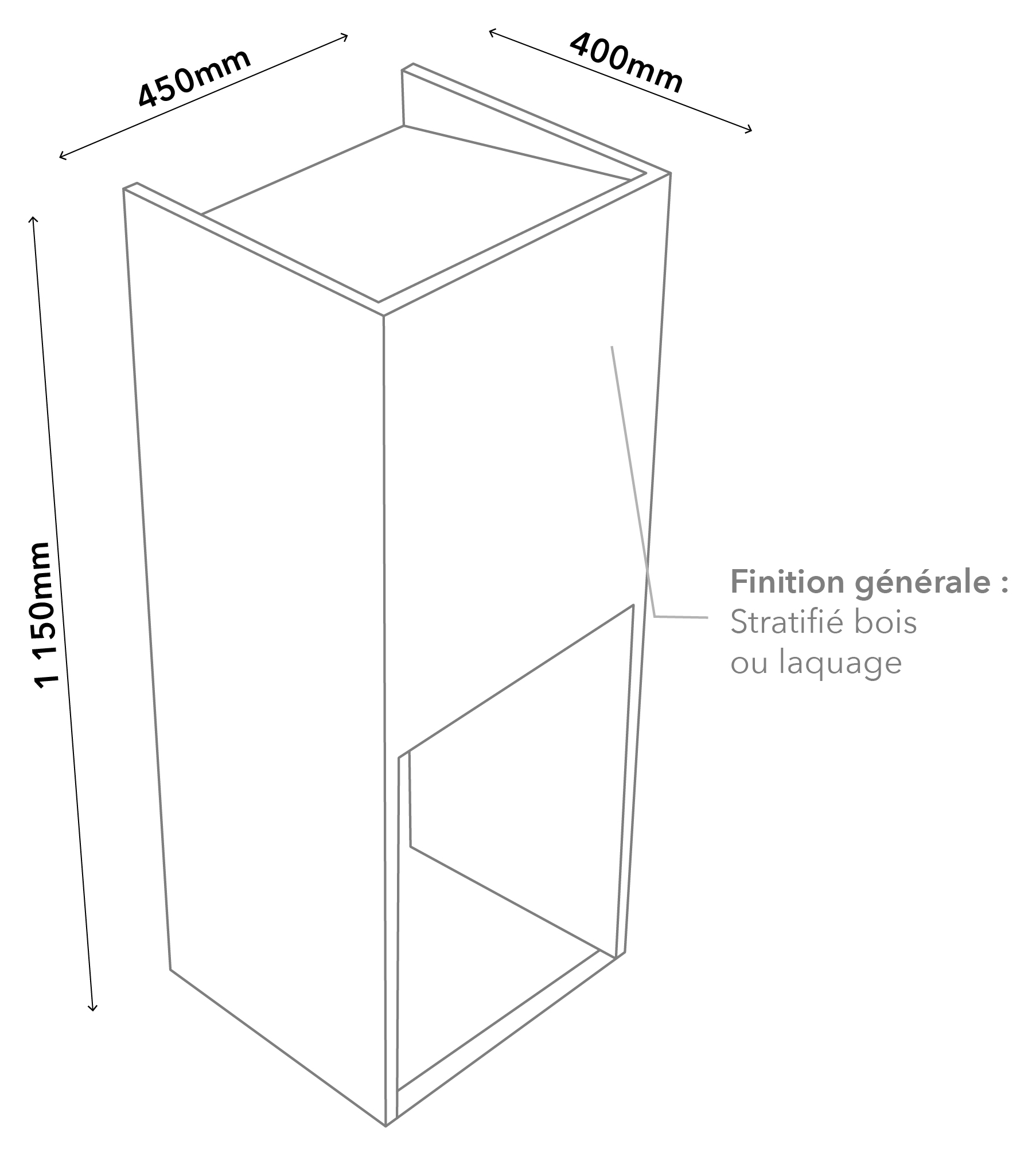Plan technique du pupitre pour registre Bêma : largeur 450 mm, profondeur 400 mm, hauteur 1 150 mm
