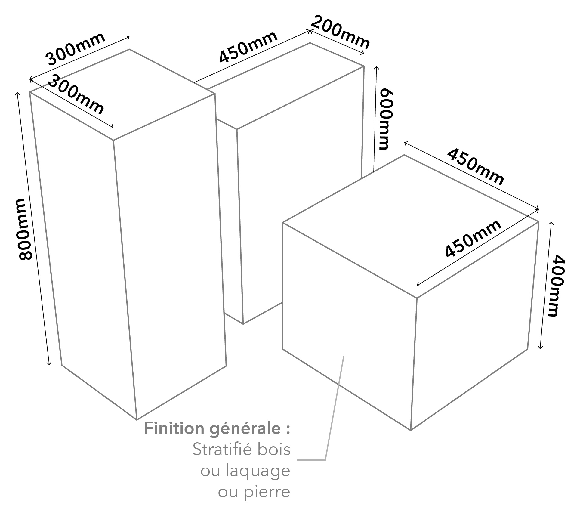 Plan technique des sellettes Ancrage : 300 × 300 × H 800, 450 × 200 × H 600 et 450 × 450 × H 400 mm