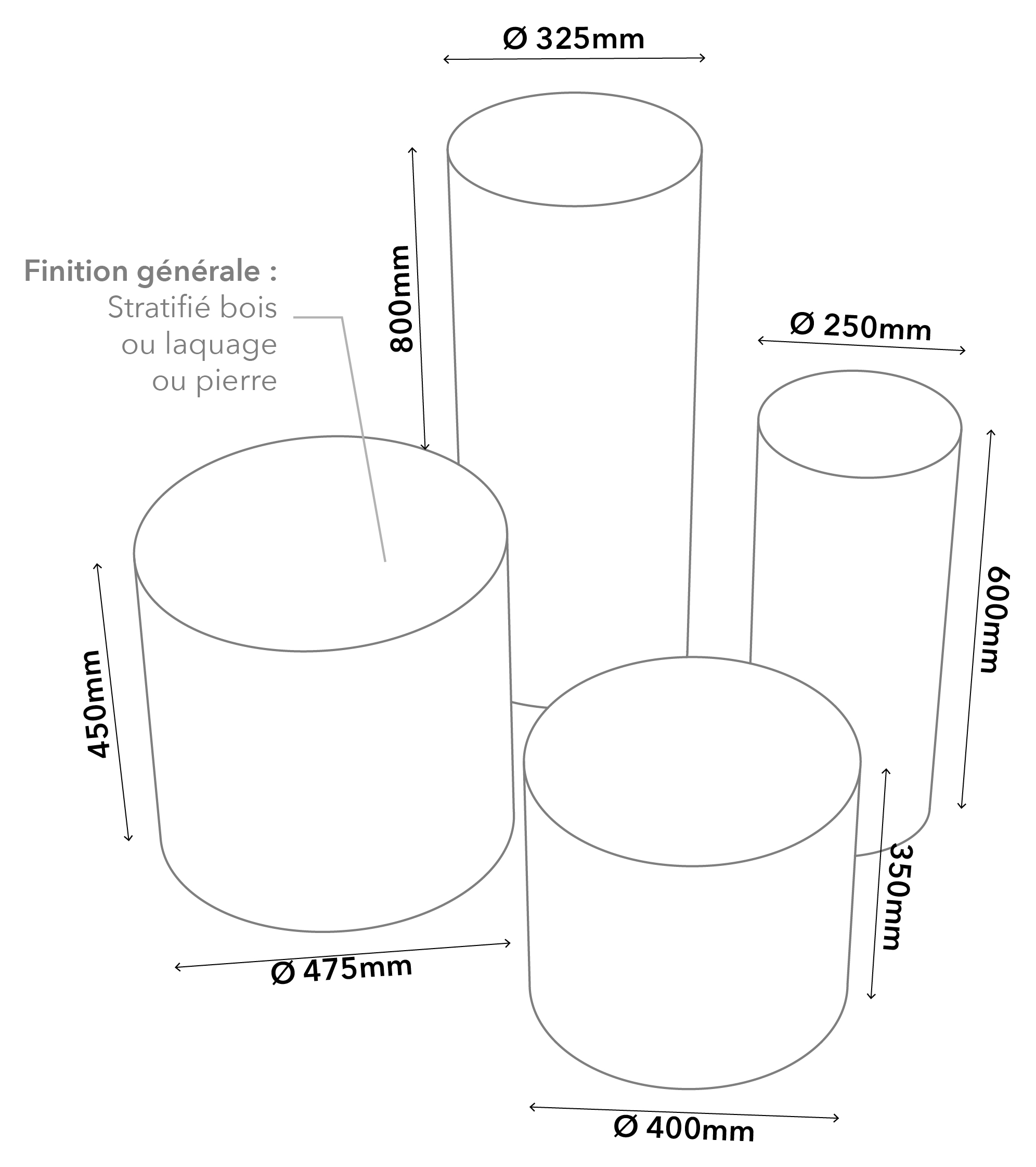 Plan technique des sellettes Racine : Ø 325 × H 800, Ø 250 × H 600, Ø 475 × H 450 et Ø 400 × H 350 mm