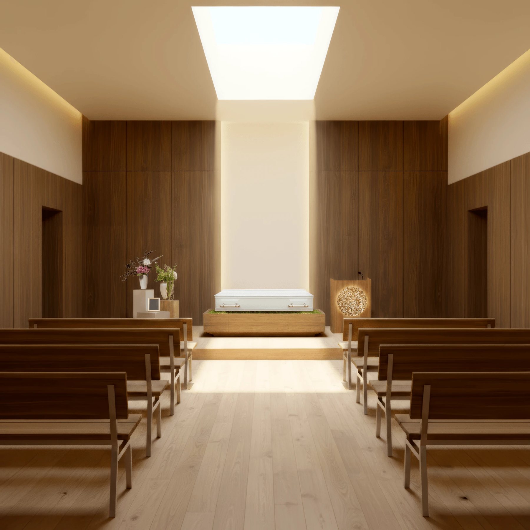 Les bancs Rivage disposés en rangées dans une chapelle en bois baignée d'une lumière zénithale