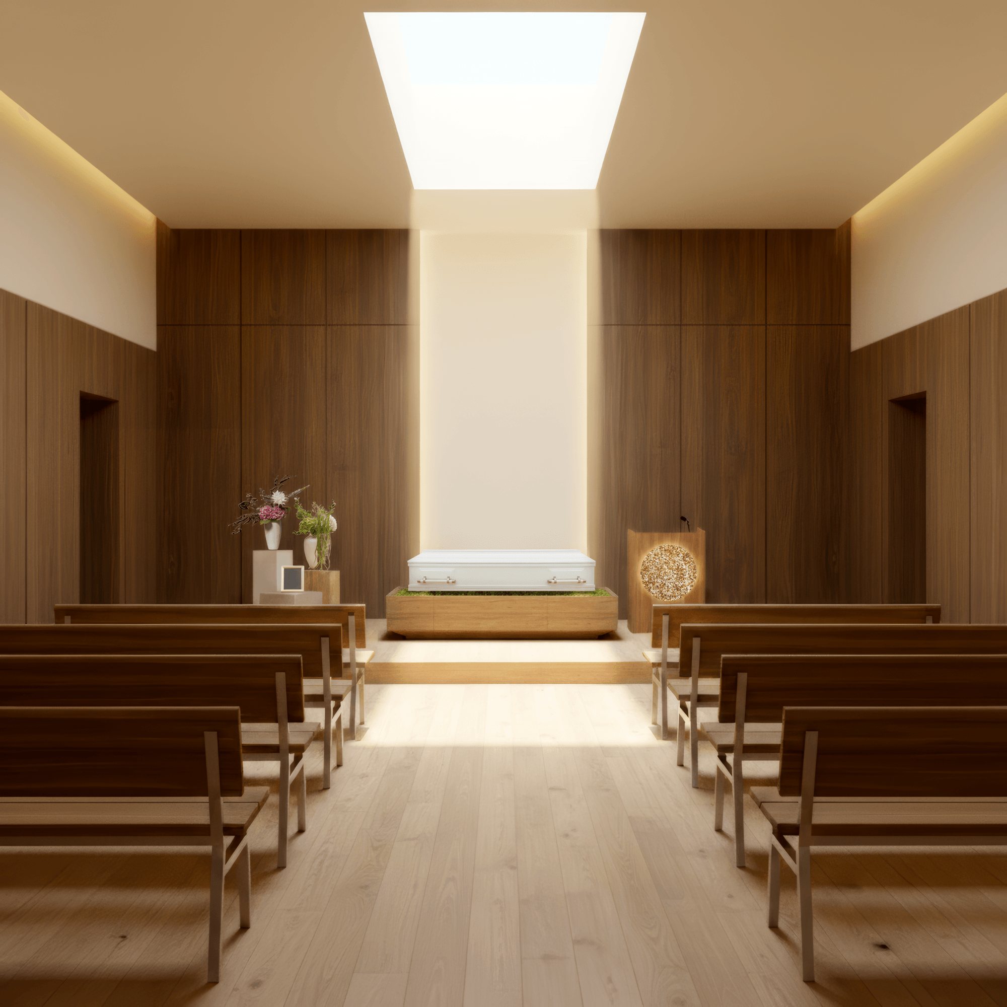 Le Sous-bois mis en scène avec un cercueil blanc dans une chapelle boisée